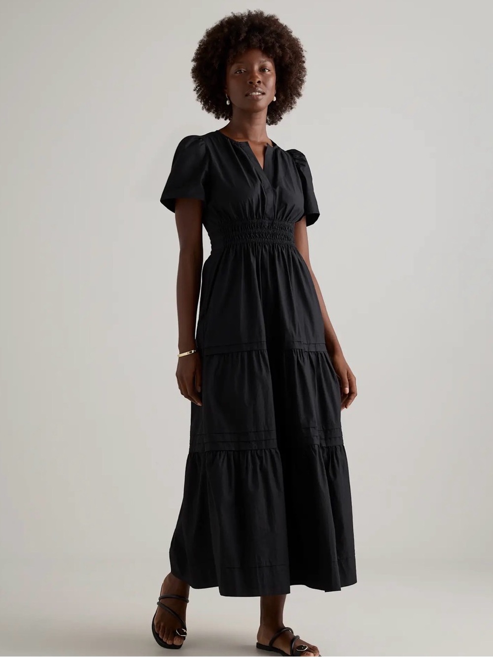 Quince Women’s Poplin Tiered Maxi Dress Black M 100% Organic Cotton Pockets EUC